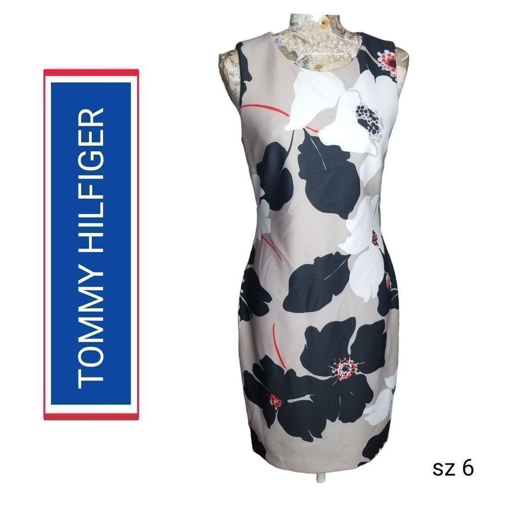 Tommy Hilfiger Beige Floral Midi Dress with Black and White Blooms